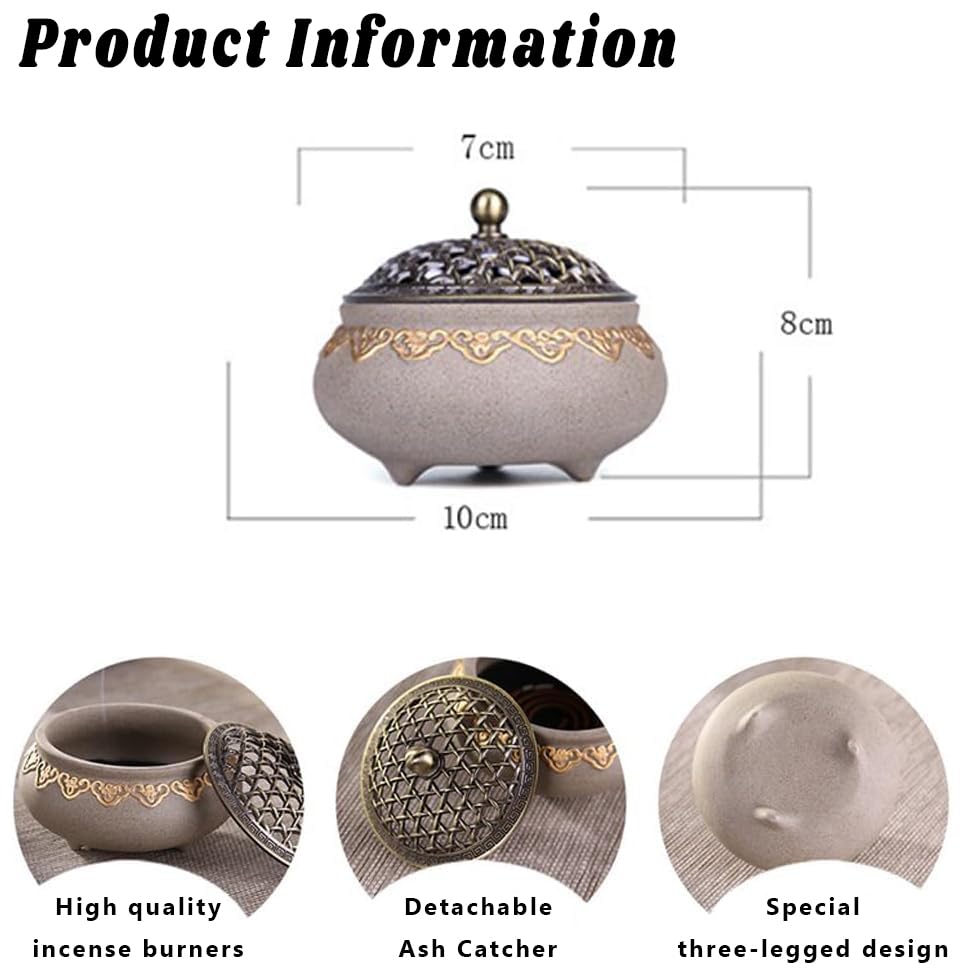 Bruciatore Incenso In Ceramica Vintage Con Coperchio In Metallo – Per Bastoncini, Coni E Resina