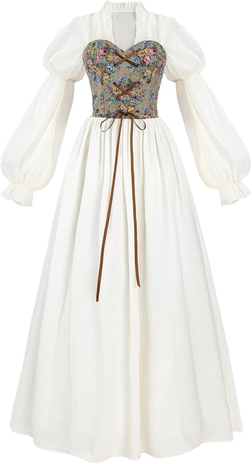 LTAKK Renaissance Dress Women Victorian Costume Ren Fair Medieval Dresses with Floral Corset