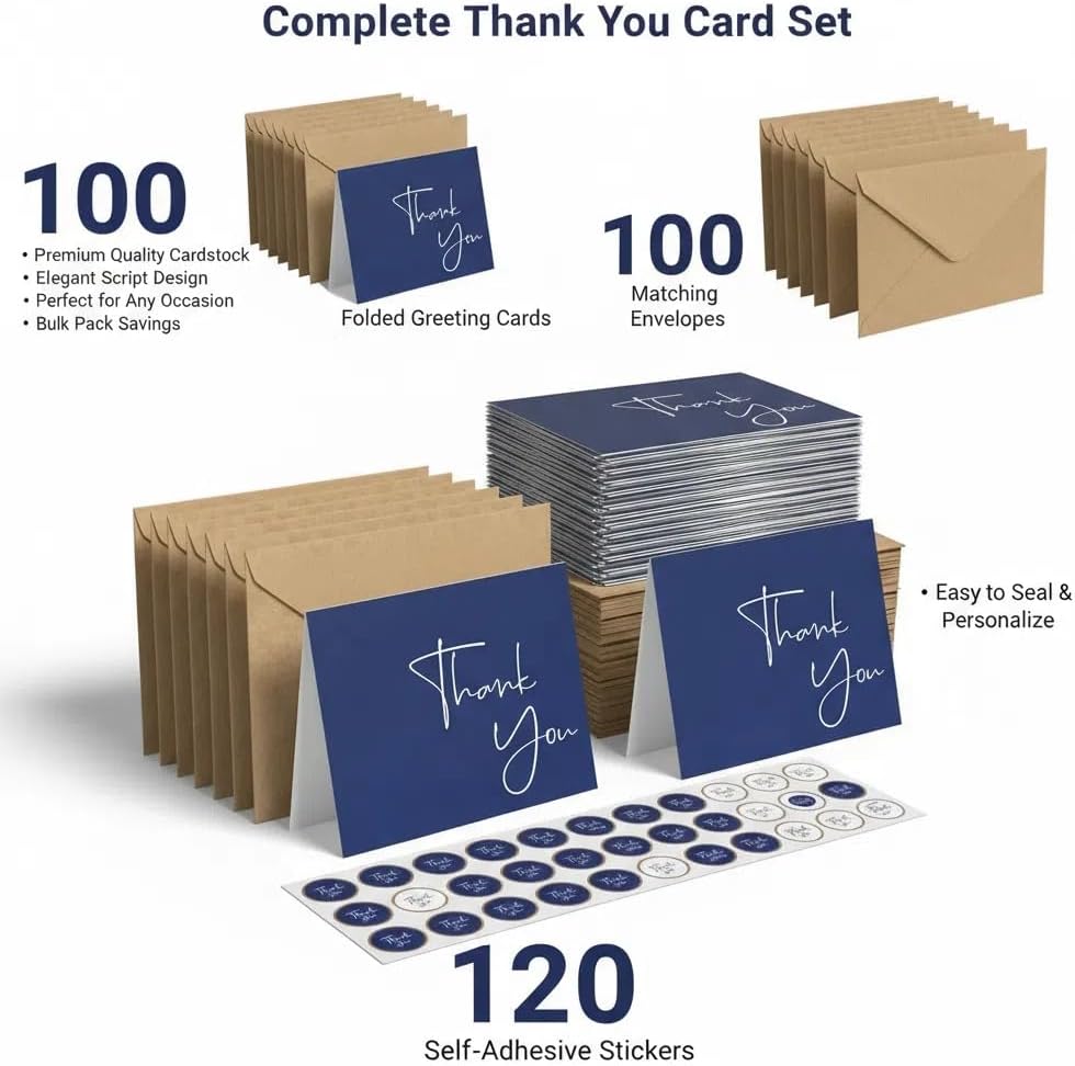 100 Pack Thank You Cards With Envelopes Bulk Set & Stickers - 4x6 inch Blank Thank You Notes Bulk Box Set - Large Note Card Small Business, Wedding, Baby Shower & Bridal Shower - Navy Blue - Image 7