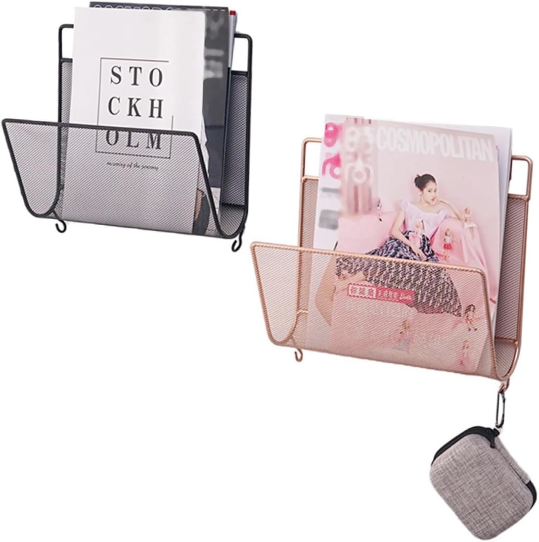 2pcs Nordic Style Wall Mounted Magazine Carrier Saving Iron Mesh Book Holder with Small Hooks for Home Office and Living Room Black