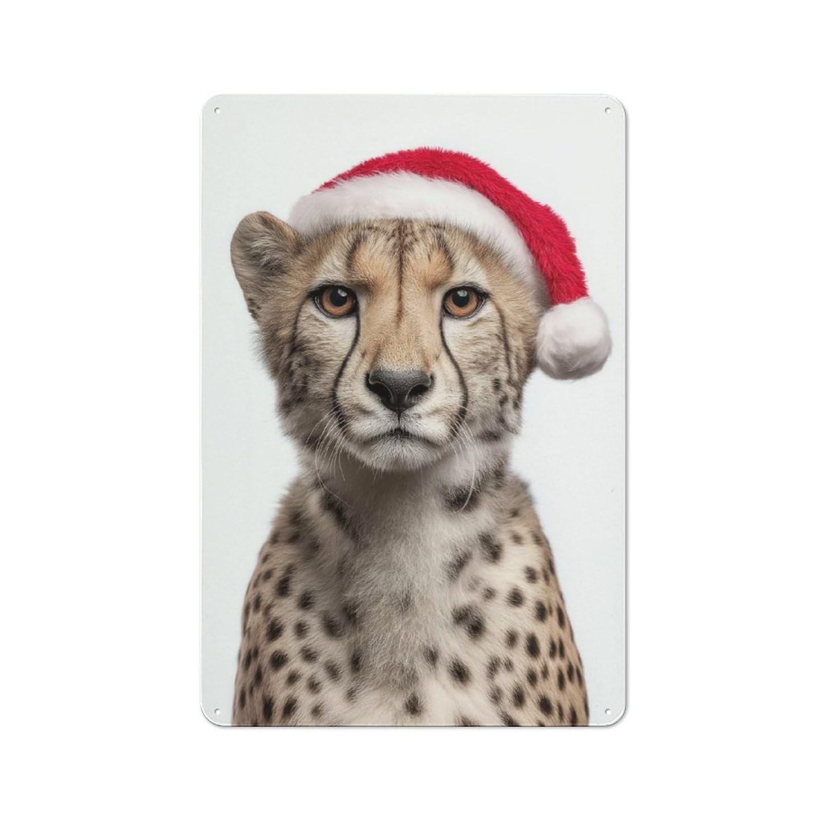 Junmoney Cheetah Cub With Christmas Santa Hat Garage Metal Sign 30X20cm, Retro Workshop Wall Decor For Tool Room, Garage, Studio Or Home Bar