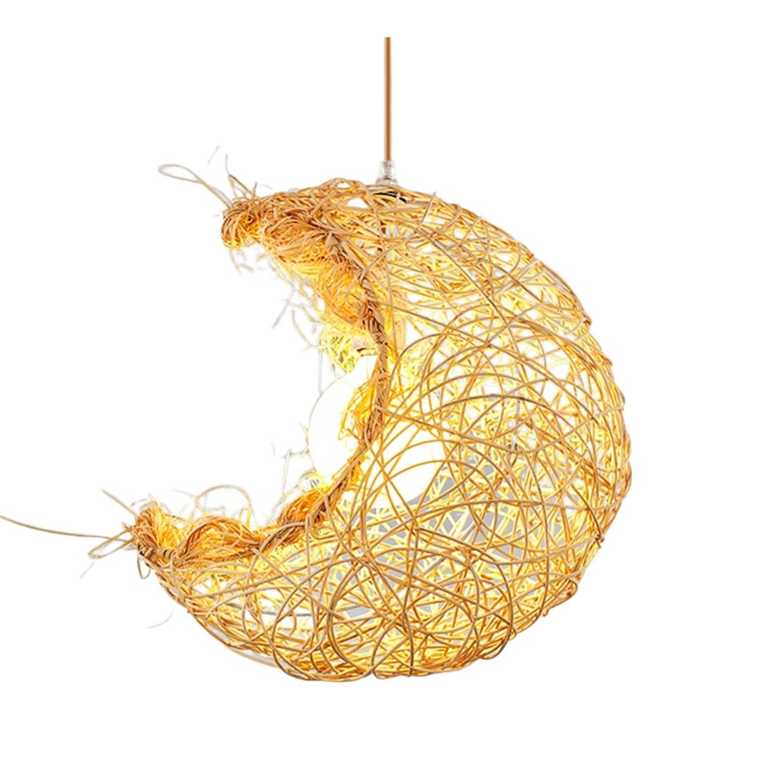 TCHAUSGZOZ Beige Rattan Pendant Light - Moon Shape Weaving Illumination Fixture for Kitchen, Dining, and Bedroom Adjustable Hanging Lamp E26 Base