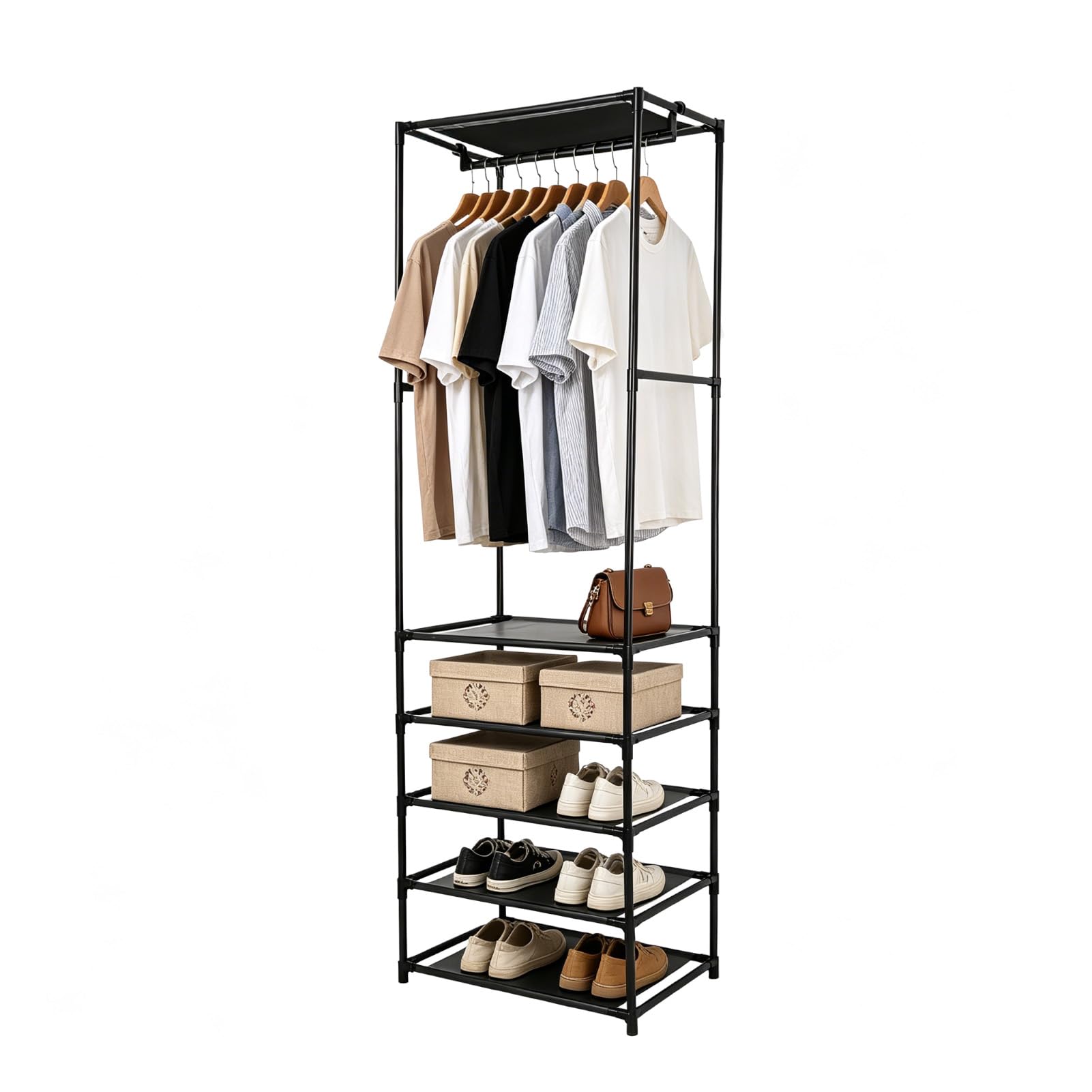 BREEZENEST Clothes Rail Clothing Rack Shoe Storage Unit Freestanding Garment Rack with 4-Tier Storage Shelves, Metal Clothing Rack and Shoe Organizer for Bedroom Hallway Entryway Closet Black