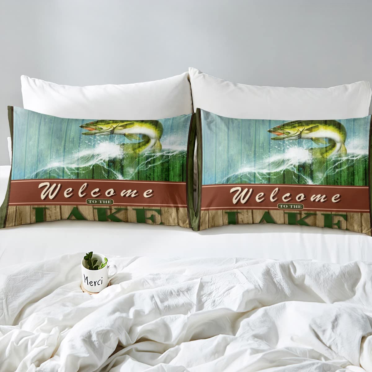 Loussiesd Dekbedovertrek met snoek en vis, tweepersoonsmaat, kinderen, groene camouflagevlag, beddengoedset voor jongens, meisjes, tieners, dekbedovertrek voor vissen en jagen, 100% katoen