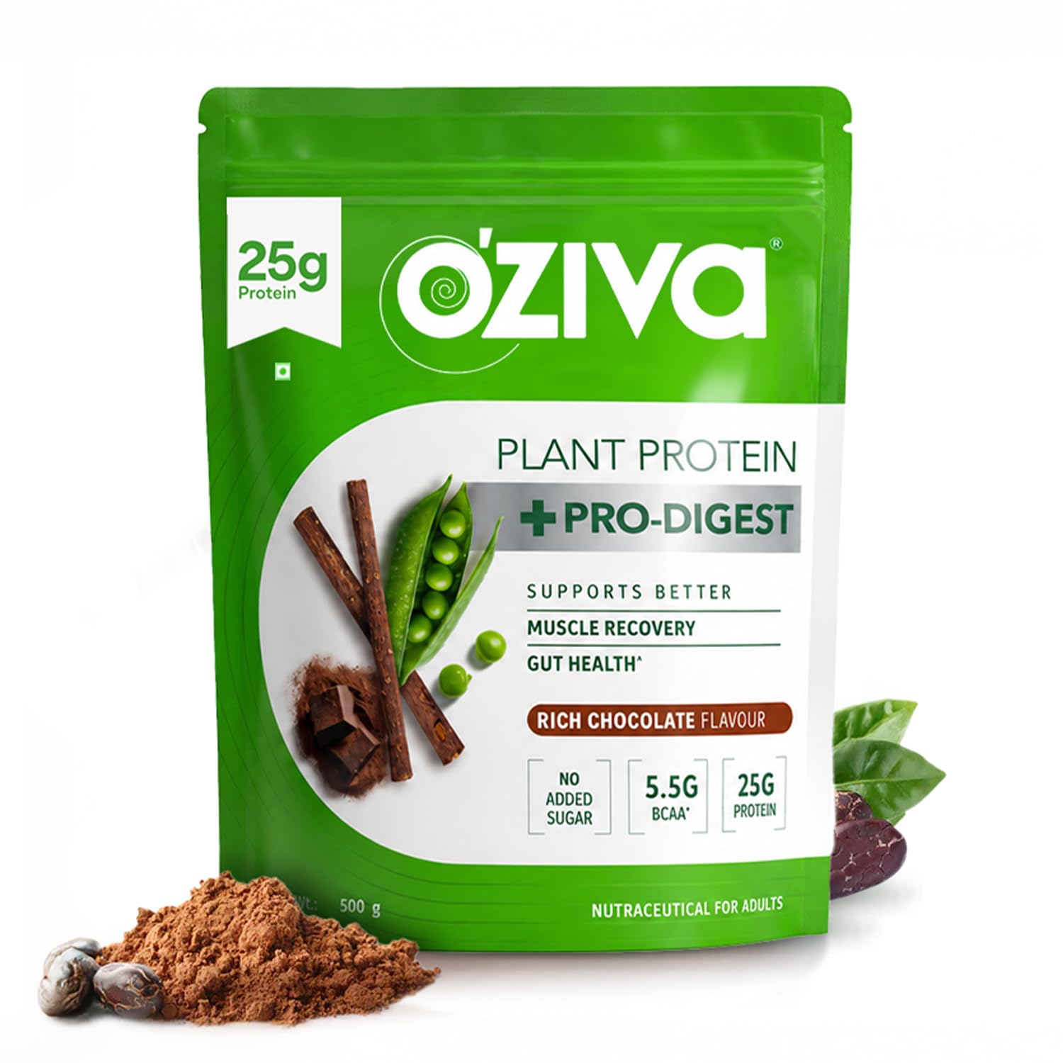 oziva bioactive plant protein (chocolate) | 25g protein,5.5 bcaa| pea isolate| plant based protein powder for women & men | essential amino acids| vegan protein supplement, clean, sugar free, 500g