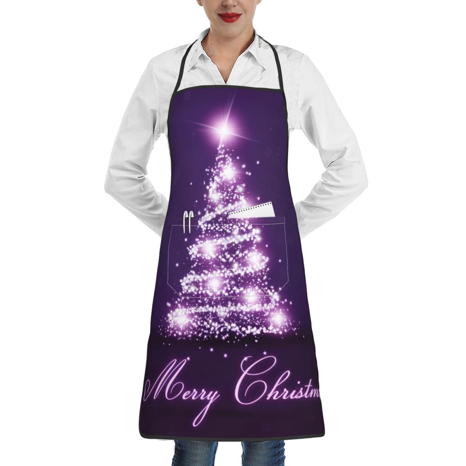Jejea Unisex White Christmas Purple Tree Print Kitchen Bib Apron Water And Oil Resistant, Cooking Kitchen Chef Apron For Women Men