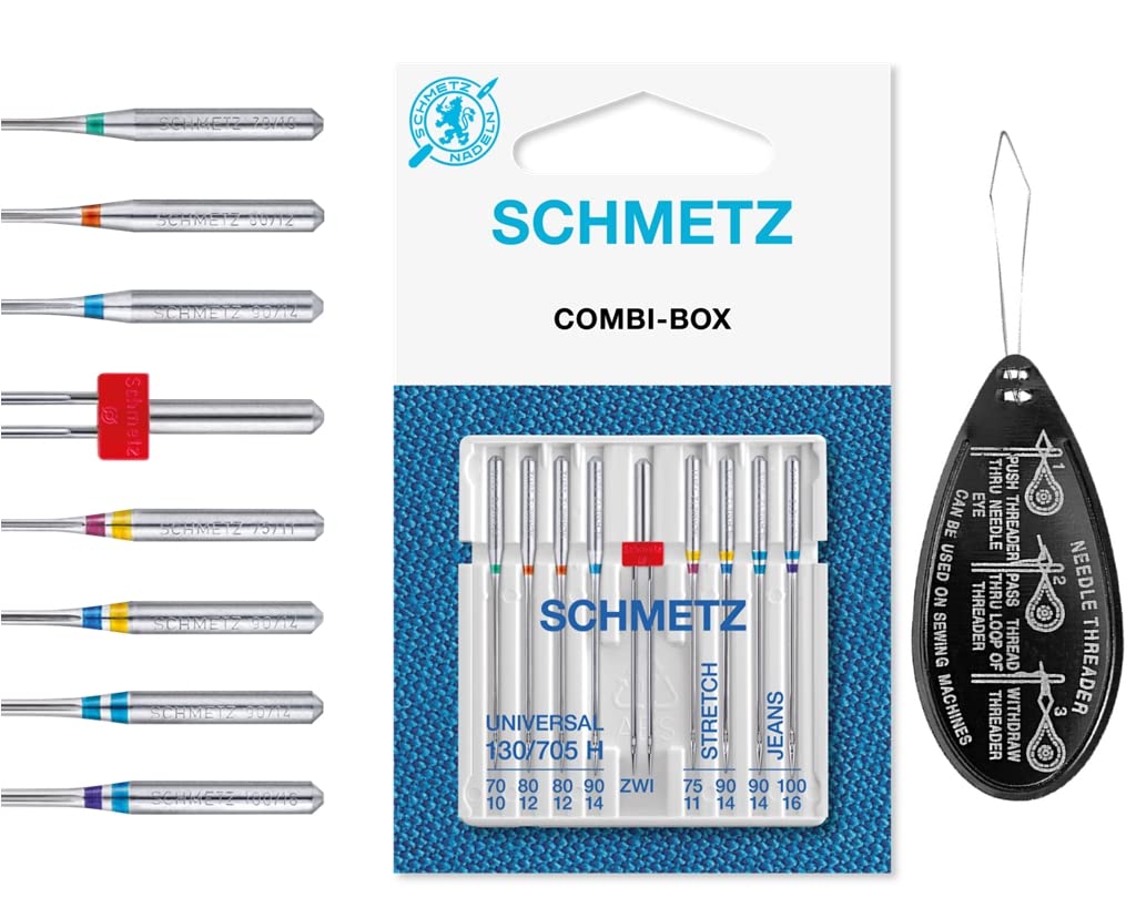 Ipc Sewing Parts Silver Combi-Box Combination Pack Of 9 Universal, Twin, Stretch & Jeans/Denim Sewing Machine Needles, Includes Large Needle Threader