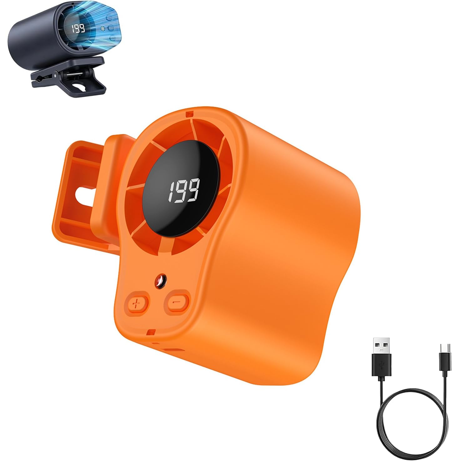 Car Clip on Air Conditioner Fan with LED DisplayCar Fans That Blow Cold Air,Portable Personal Cooling Fan with 360° Rotation,199 Speeds Adjustable,USB Rechargeable Car Fans for Office Beach (Orange-b)