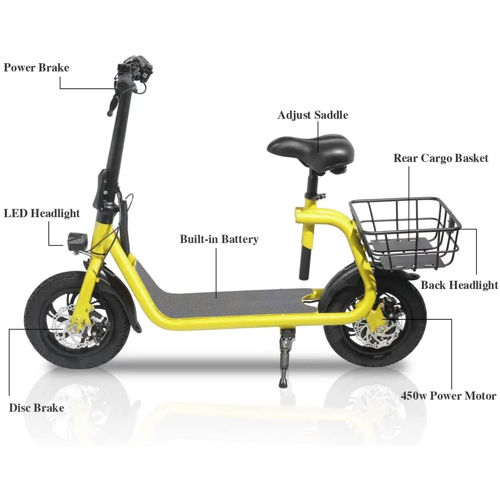ROXAAN Electric Scooter Adults with Seat, 15.5Mph 20Miles Range Foldable Electric Scooter for Adults, 450W Powered E-Scooter for Commuting W/Basket, 12.5
