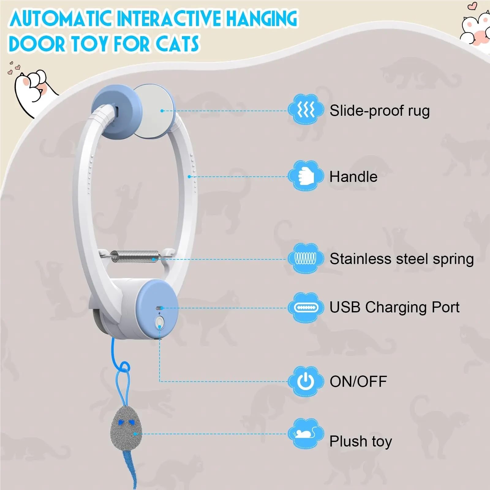 Juguete para gatos de rebote automático para colgar en la puerta, juguete retráctil con 3 ratones de hierba gatera, juguete interactivo para gatos de interior