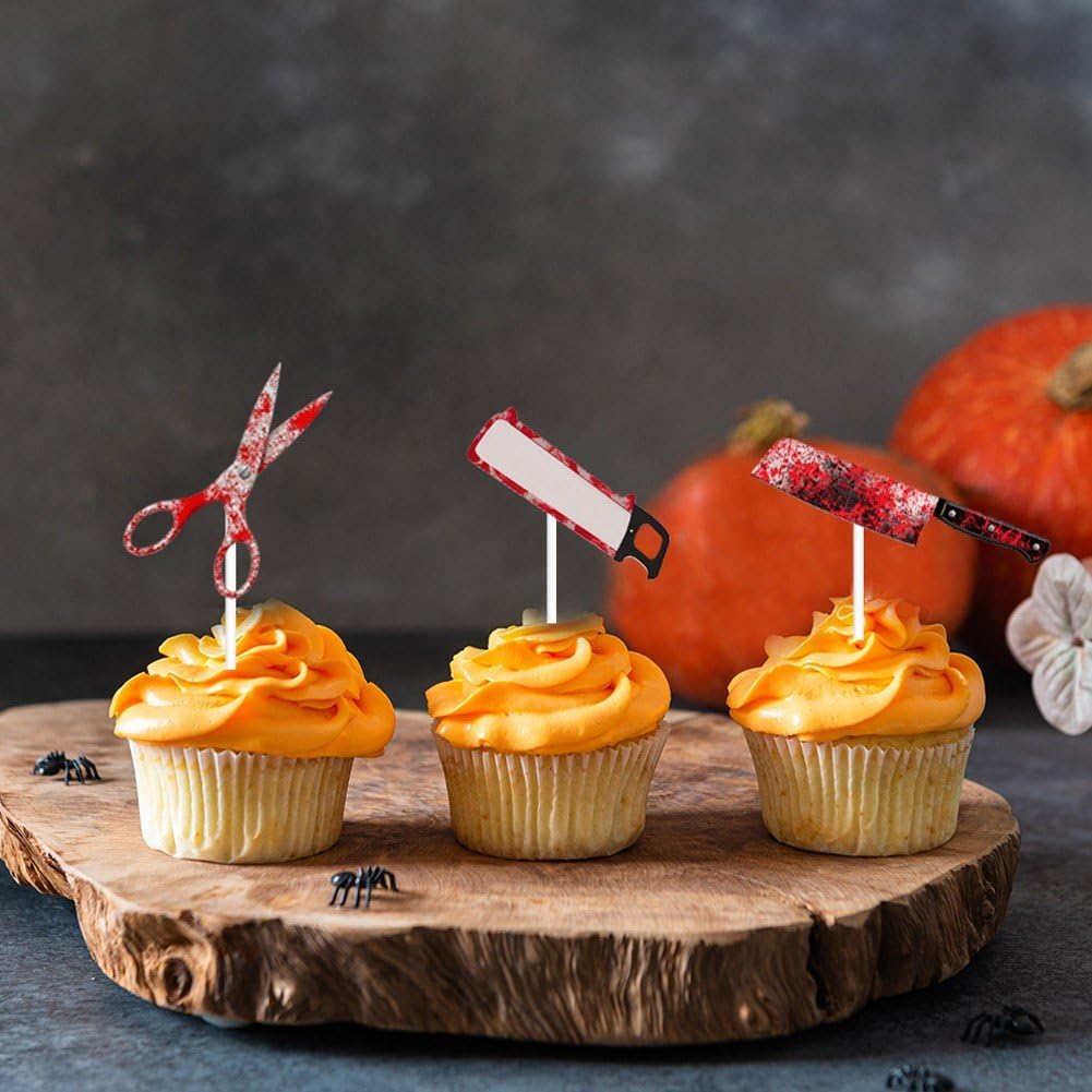 12 sztuk dekoracji tortów halloweenowych z motywem krwawego noża, dekoracje tortów urodzinowych na Halloween
