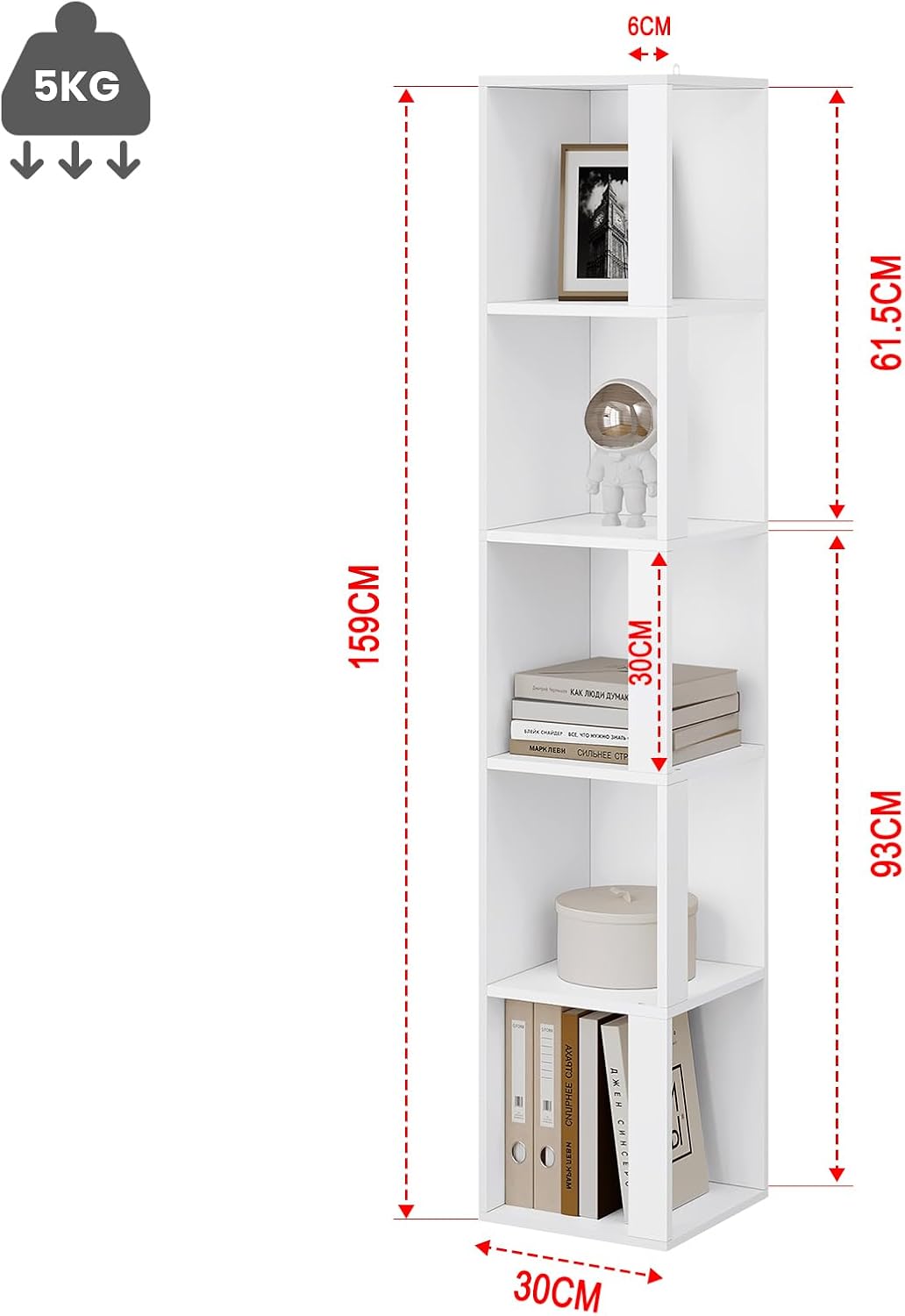 Diagram showing the dimensions of the eSituro 5-Tier Corner Shelf: 159cm height, 30cm width, and 5kg weight capacity.