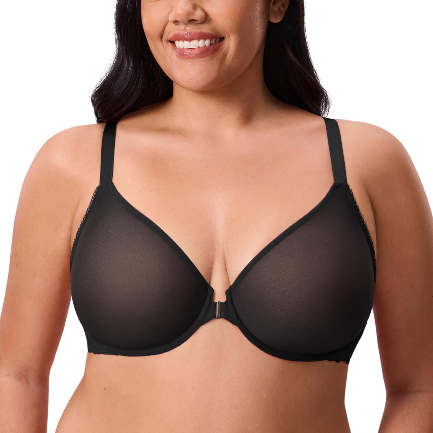 DELIMIRA Women's Front Closure Bras Racerback Sheer See Through Full Coverage Plus Size Underwire Unlined Bra - Image 2