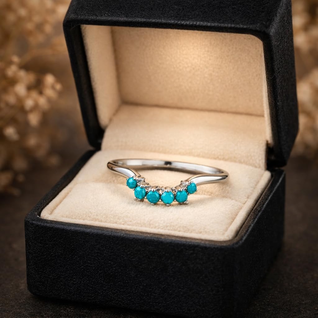 Round Cut Turquoise Curved Band Ring for Women 14K White Gold Stackable Wedding Band Minimalist Chevron Contour December Birthstone Promise Jewelry Gift for Her