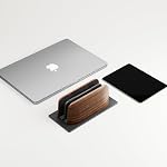 Support vertical pour ordinateur portable, double fente en bois de noyer Porte ordinateur portable pour bureau, en bois naturel & Aluminium Largeur Ajustable Dock pour MacBook et autres ordinateurs portables