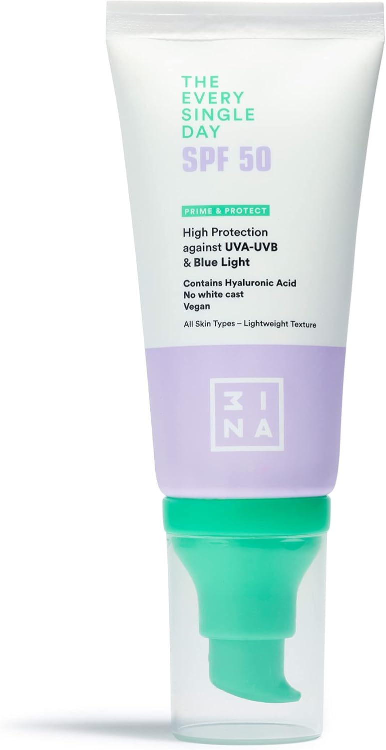3INA MAKEUP The Every Single Day SPF50 Zonnecrème voor gezicht met hyaluronzuur, hoge bescherming tegen UVA-UVB-stralen en blauw licht, lichte zonwering voor het gezicht, veganistisch, dierproefvrij