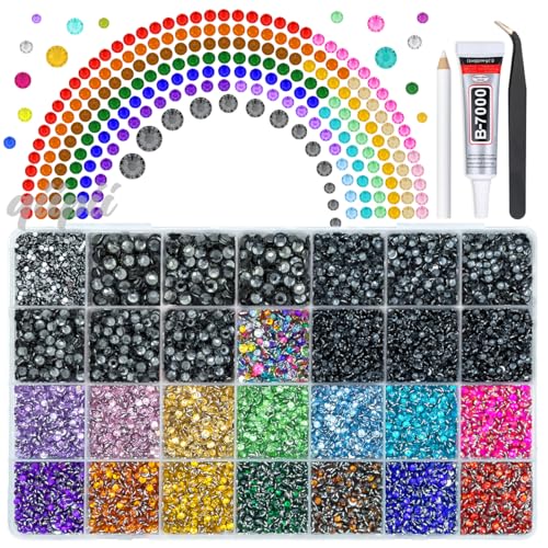 qiipii 28 Grids 2mm-6mm Black Crystal Resin Rhinestones w B7000 Glue for Bedazzling Crafting Colorful Flatback Stones Black Diamonds Gems Bedazzler Kit for Nails Face Eyes Makeup Tumblers DIY Crafts