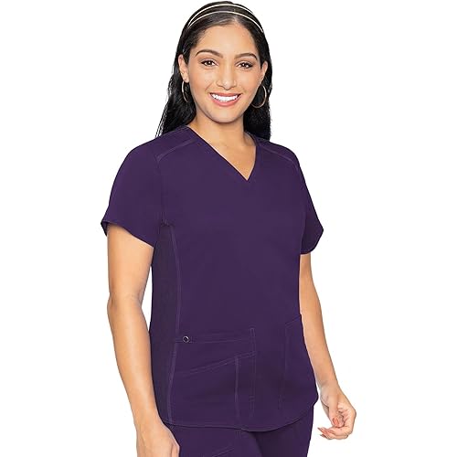 Med Couture V-Neck Scrub Top for Women with 4 Pockets, Rib-Knit Side Panel, and Shirttail Hem MC7459
