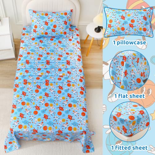Image of Viviland 3 Pieces Boys Ball Sport Twin Sheet Set - Soft Microfiber Fitted Flat Sheets & Pillowcase Bed Sheet Set - Blue Ball Print Bedding Sets for Kids