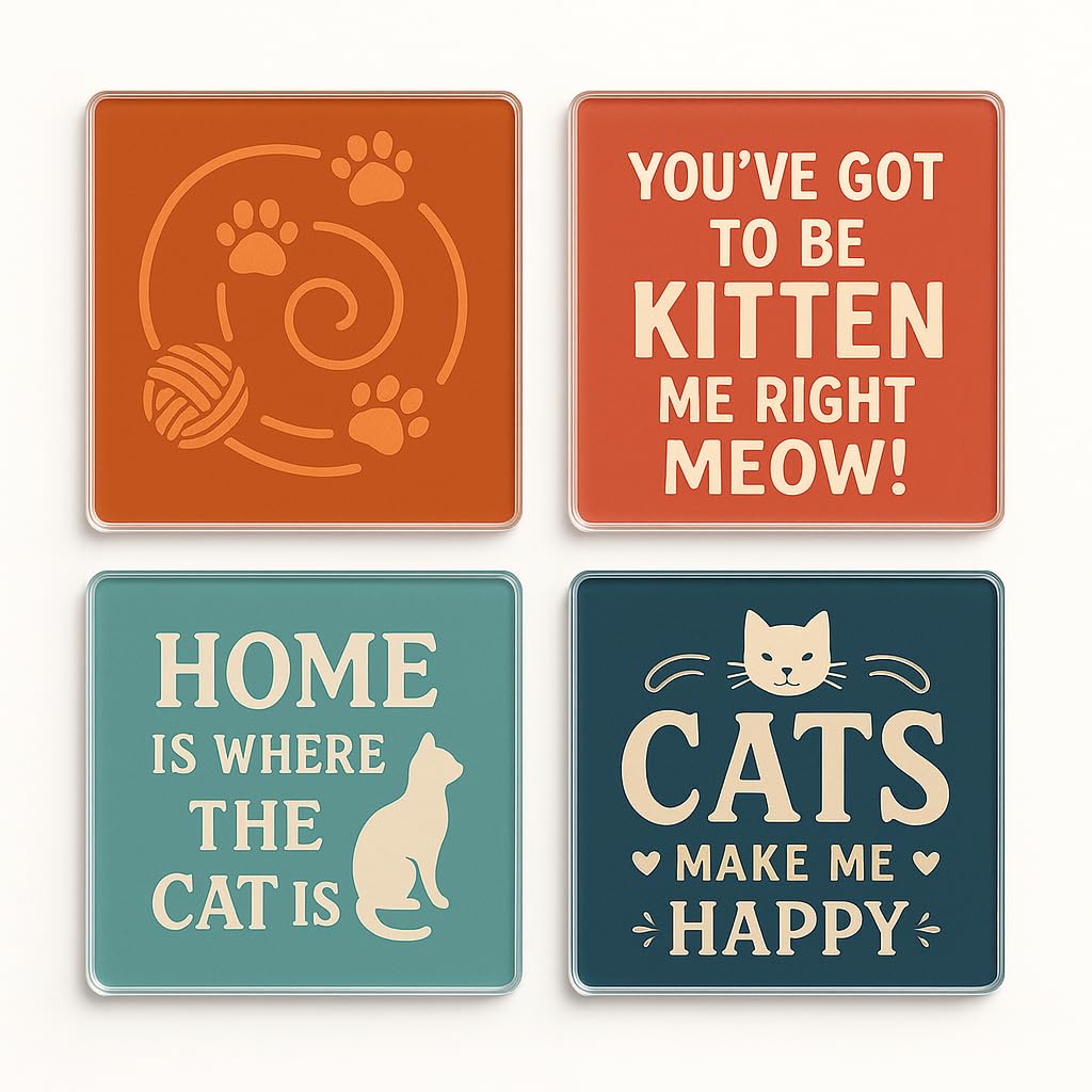 The Plum Penguin Pawprint Serenade Acrylic Coaster Gift Set Of 4 With Whimsical Cat-Inspired Designs - For Cat Lovers' Home Decor