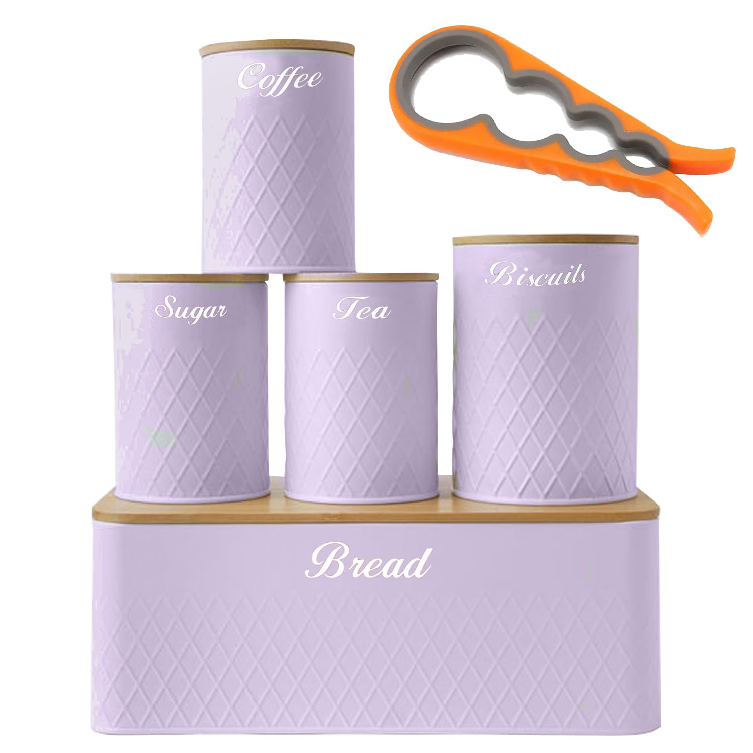 ATEK 5Pcs Kitchen Canister Set, Bread Bin Sugar Tea Canister Set with Can Opener Tea Coffee Sugar Storage Tins Biscuit Round Jars with Bamboo Lids Storage Solution for Kitchen (Purple)