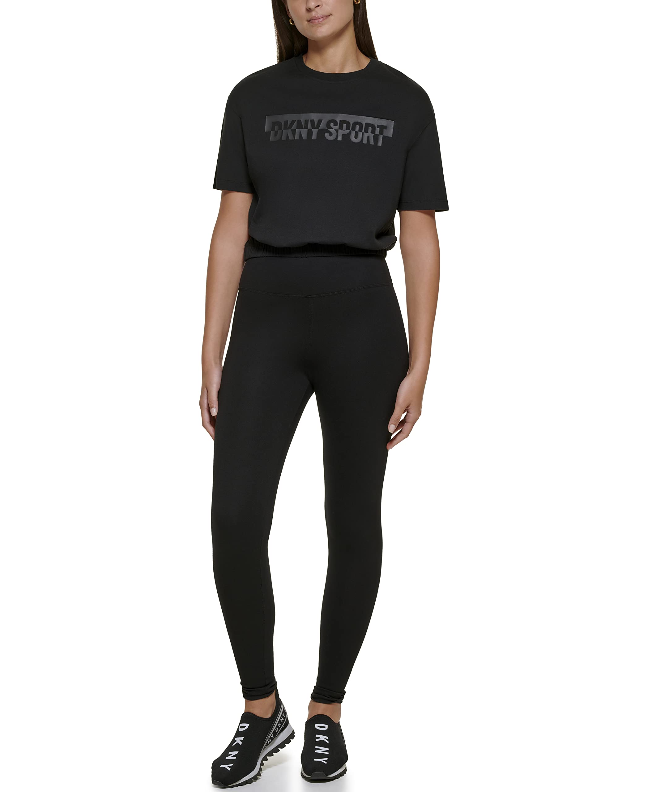 DKNY Damen Dkny Sport Women's Dropout Mirror Logo Cropped Tee T Shirt, Schwarz, L EU