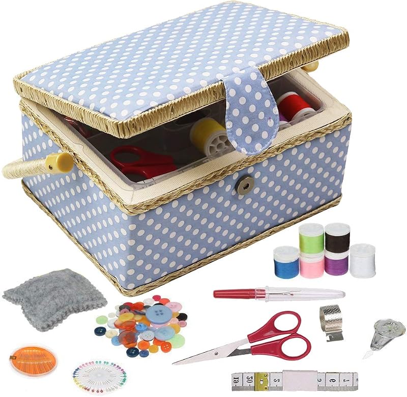 Sewing Box with Sewing Kit Accessories, D&D Wooden Sewing Basket Organizer with Accessories for Home, Travel, Blue Polka Dot