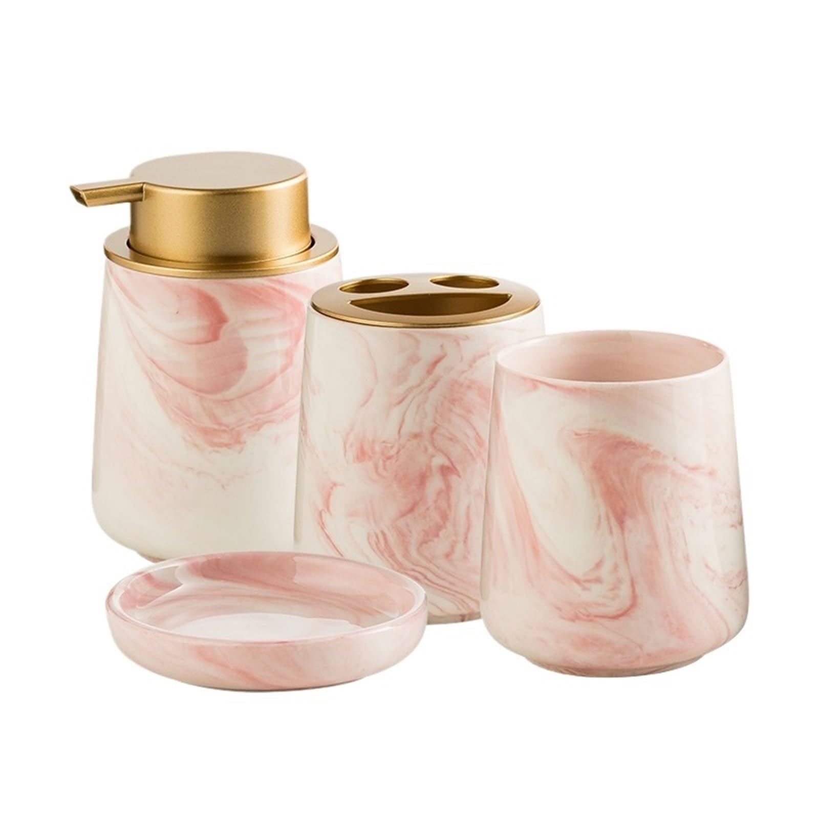 Marmurowy wzór ceramiczny dozownik mydła butelka na mydło, zestaw czteroczęściowy, lekkie i luksusowe przybory toaletowe dekoracja kuchni (Pink)
