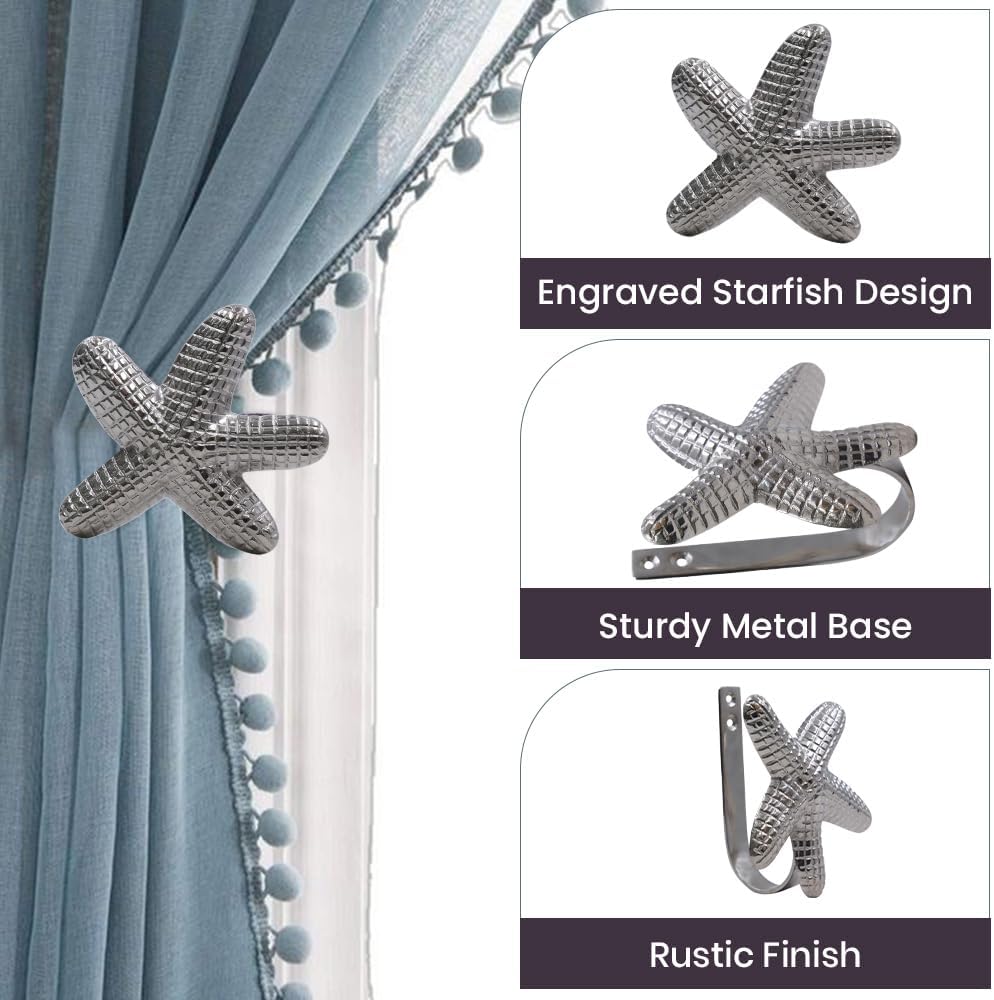 The Metal Magician Metal Nautical Starfish Curtain Holdback & Curtain Holder for Home, Bedroom & Office (Starfish Silver, Set of 4)