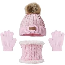 YRPACFB Cappello a Maglia Bambini Invernale Sciarpa Guanti, 3 in 1 Inverno Berretto con Pompom Scaldacollo Guanti Set, per Ragazzi e Ragazze di età 2-10 Anni （Acceso Rosa）