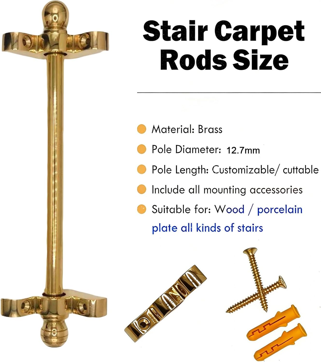 Brass Stair Rods for Carpe Runners, Decorative Rug with Finials, 28/30/36/39 Inch Indoor Hardware Gold Bright Tubular for(12pcs,32in)
