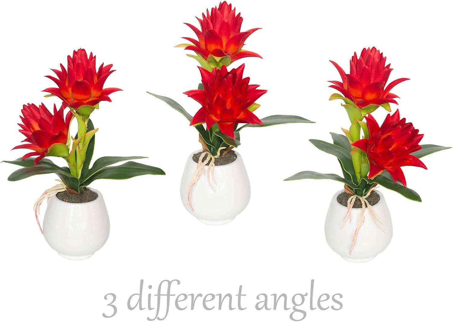 Red Potted Bromeliad - Artificial Flowers with Vase for Home and Office Decor, Aesthetic Faux Tropical Plant Bonsai, 13.4 Inch