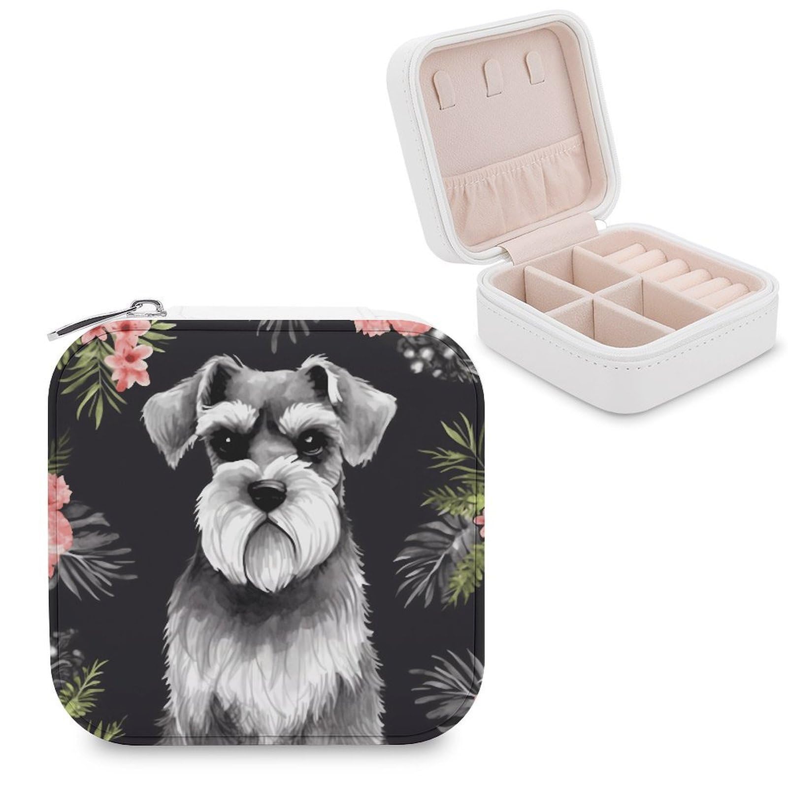 VstaDank Schnauzer Travel Jewelry Case Zipper Portable Small Jewelry Box Custom Pu Leather Mini Traveling Jewelry Organizer for Rings Earrings Necklace Bracelet Girls Women
