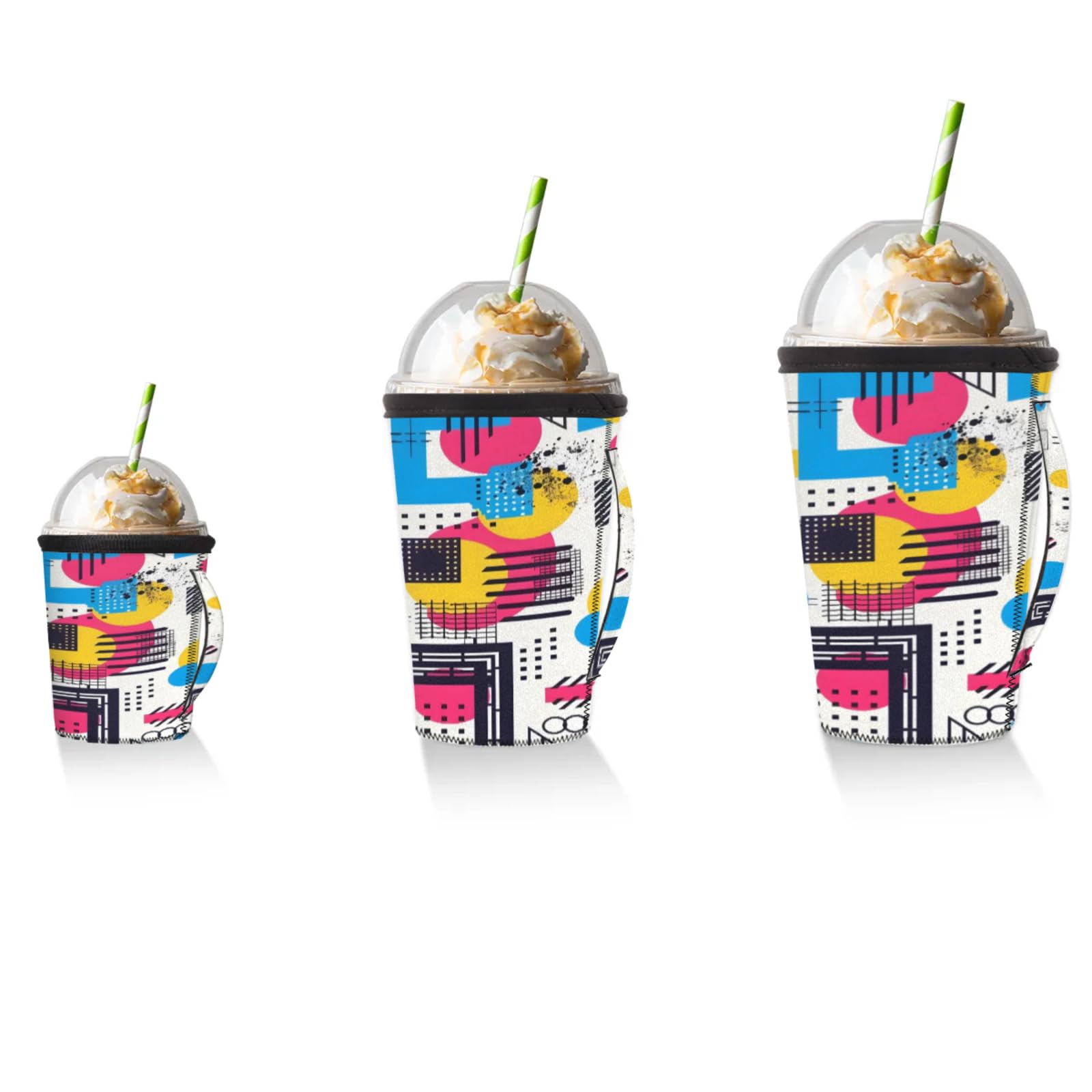 Round Square Geometric Color Reusable Neoprene Coffee Sleeve with Handle Insulated Iced Coffee Cup Holder Reduces Condensation Fits 24-28 oz Cups M