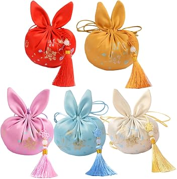 Kicwitgoo 5 Pcs Chinese Sachet Bags,Rabbit Ear Bags Silk Brocade Coin Bags Pouches with Drawstring Gift Bag for Easter Birthday Party.