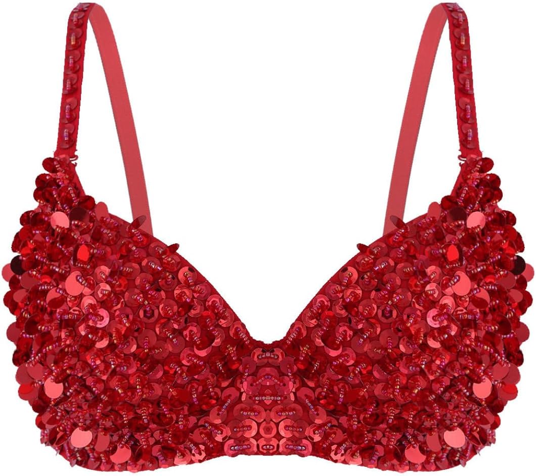 Womens Lingerie Padded Bra Sequins Dance Top Bralette Belly Raves Dance Club Wear