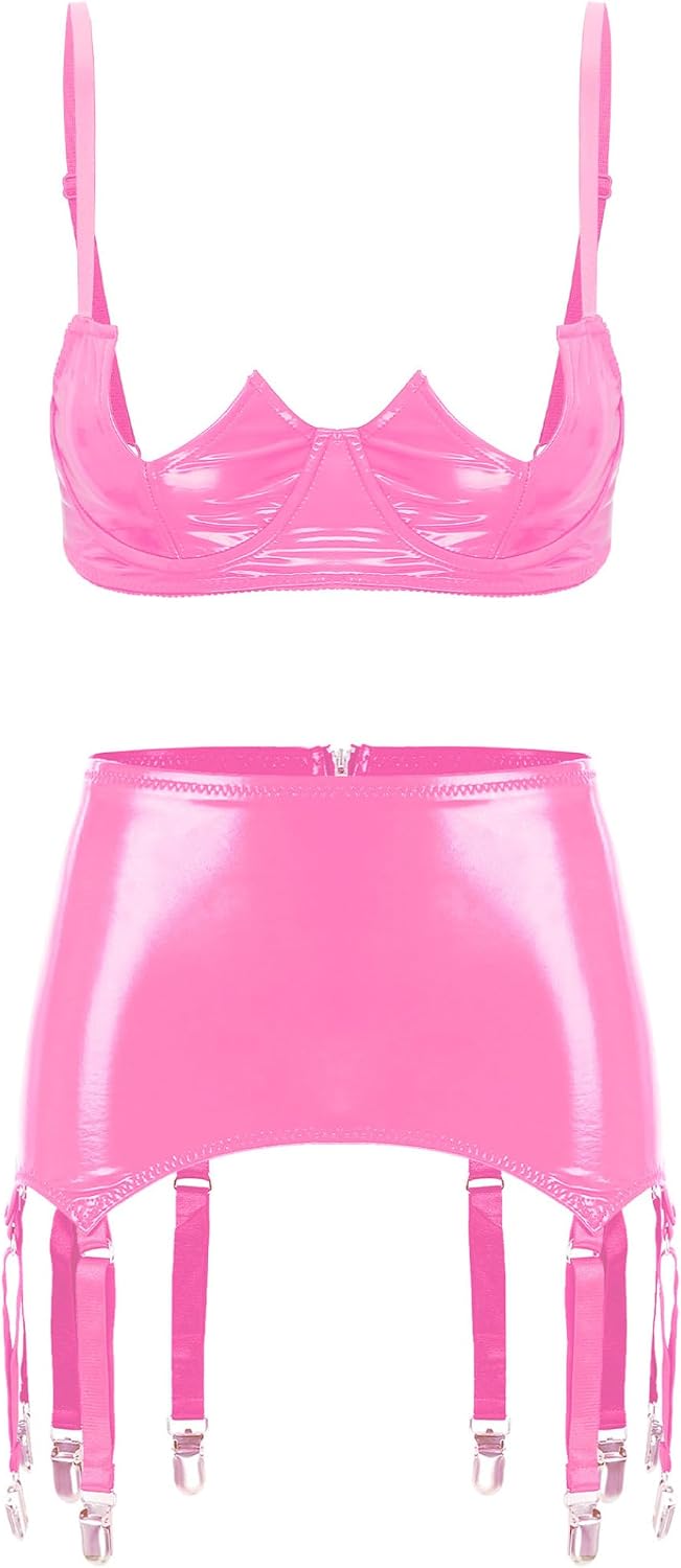 Women's Patent Leather Lingerie Adjustable Straps V-Notch Underwired Bra with Garters