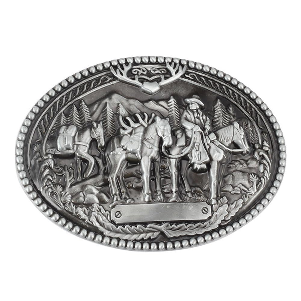 QinhBting Vintage Style Alloy Belt Buckle Western Cowboy Fashion 3D Engraved Horse Team Belt Buckles Holiday Gifts,Grey