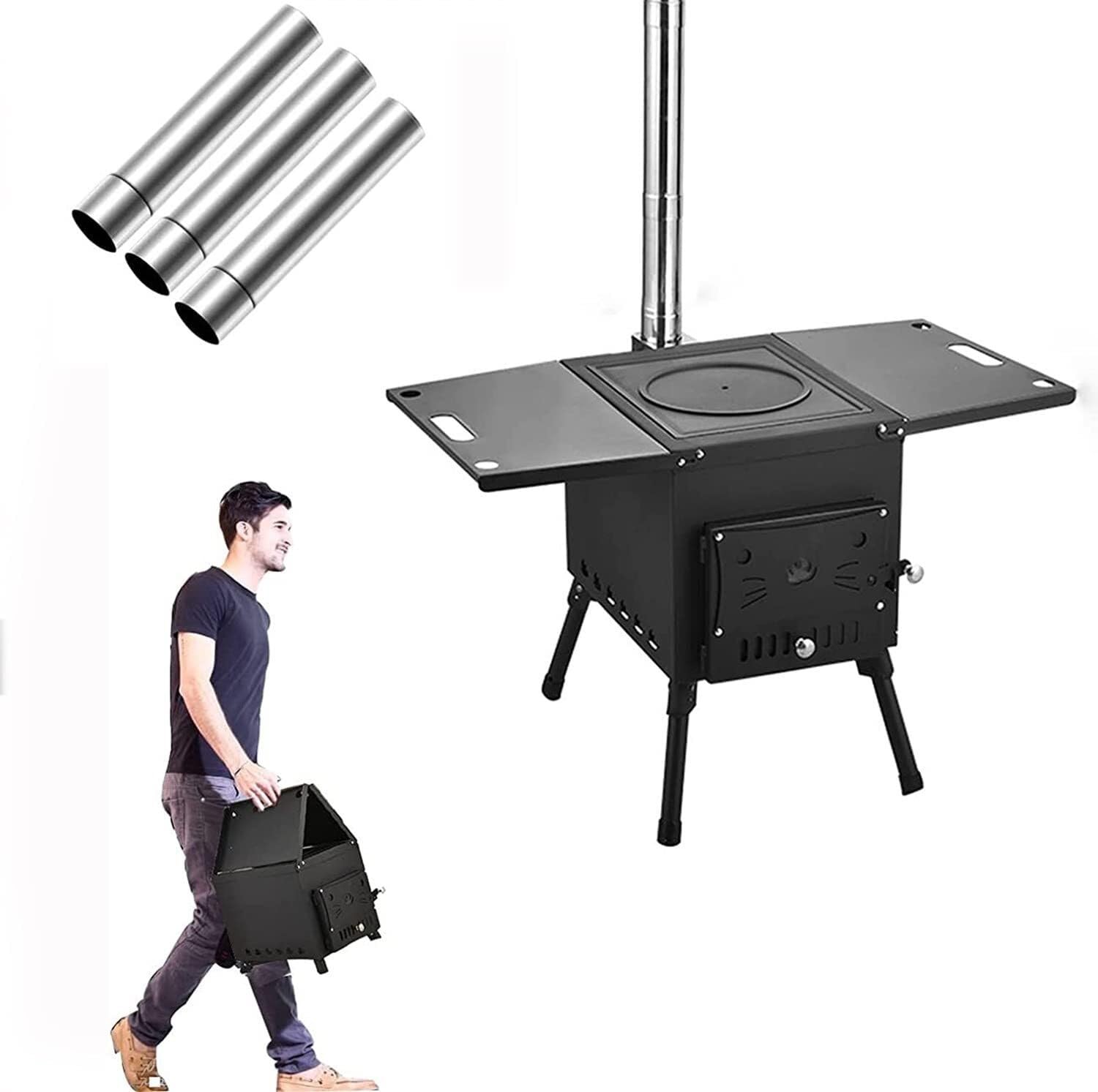 Poêle à bois pliable noir en taille L avec tuyau pour camping