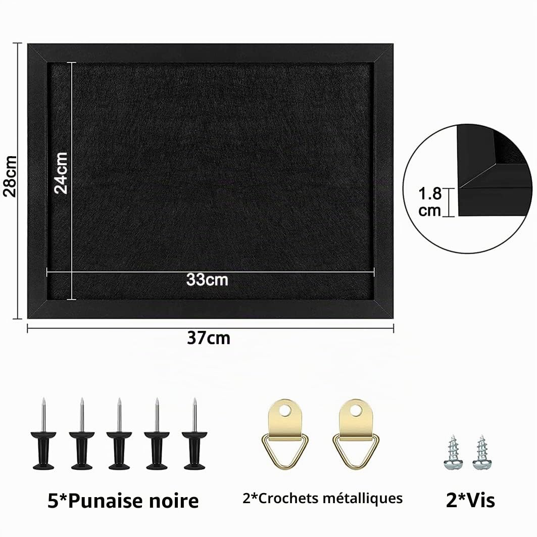 Okydoky 28 x 37 x 2 cm Noir Avec cadre en bois Tableau mémo en feutre avec épingles pour la décoration de bricolage Planche en feutre pour la cuisine et le bureau l'école et la maison (1 pièce)