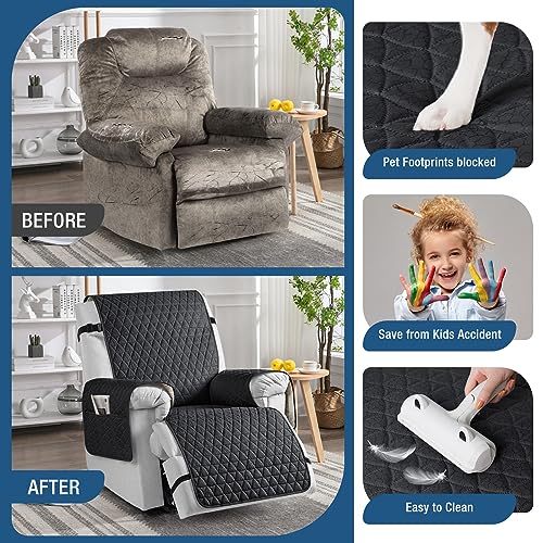 Image of TAOCOCO 100% Waterproof Recliner Chair Covers, Non Slip Recliner Covers that Stay in Place, One-Piece Washable Reclining Chair Cover with Elastic Straps, Black, Fits 30 inch Seat Width