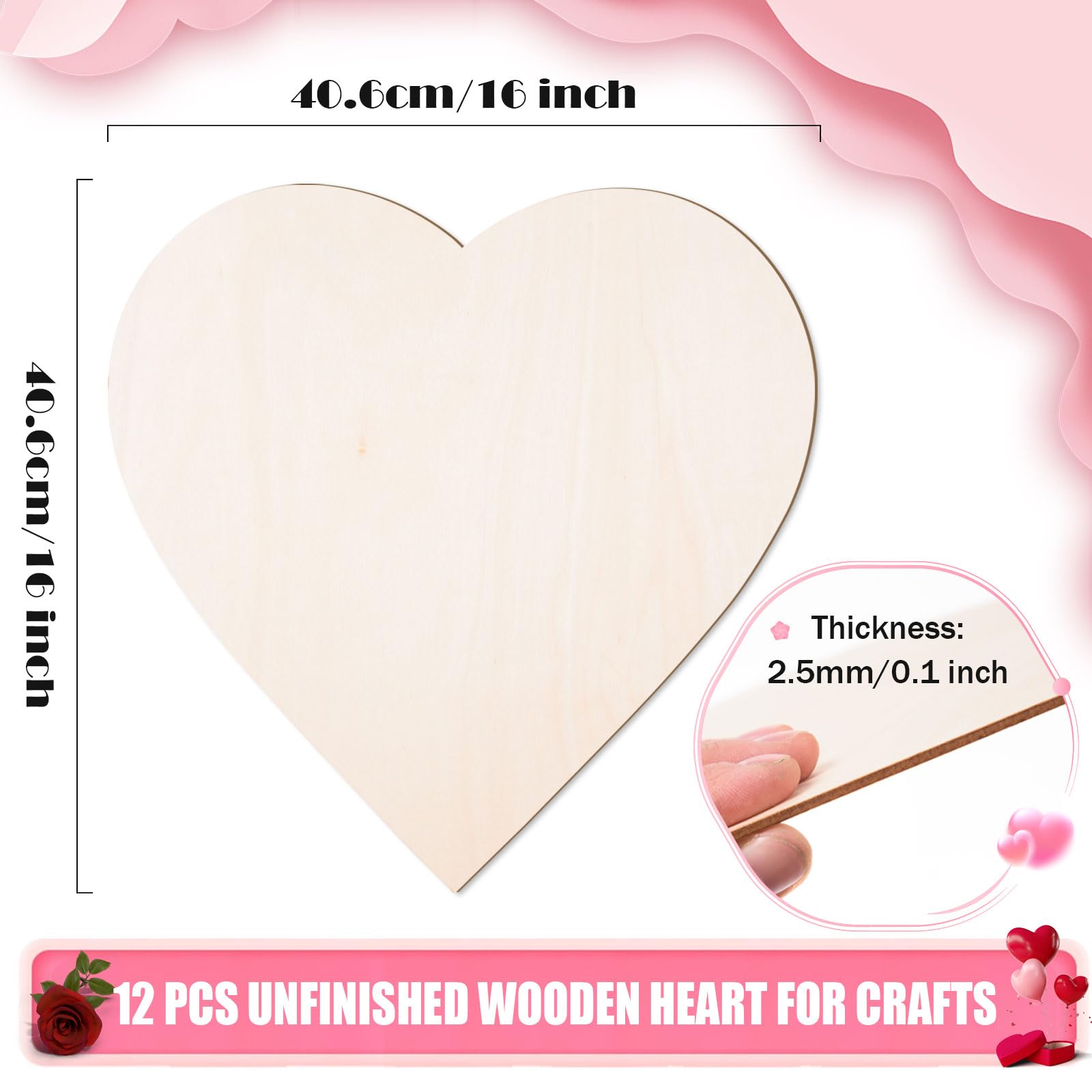 AWIZOM Holzherzen zum Basteln, 40,6 cm, Holzherzausschnitte, unlackierte Holzherzen, Scheiben, blanko, Holzherz, Ornament für DIY, Valentinstag, Basteln, Türaufhänger, Schild, Malerei, Laserprojekt,