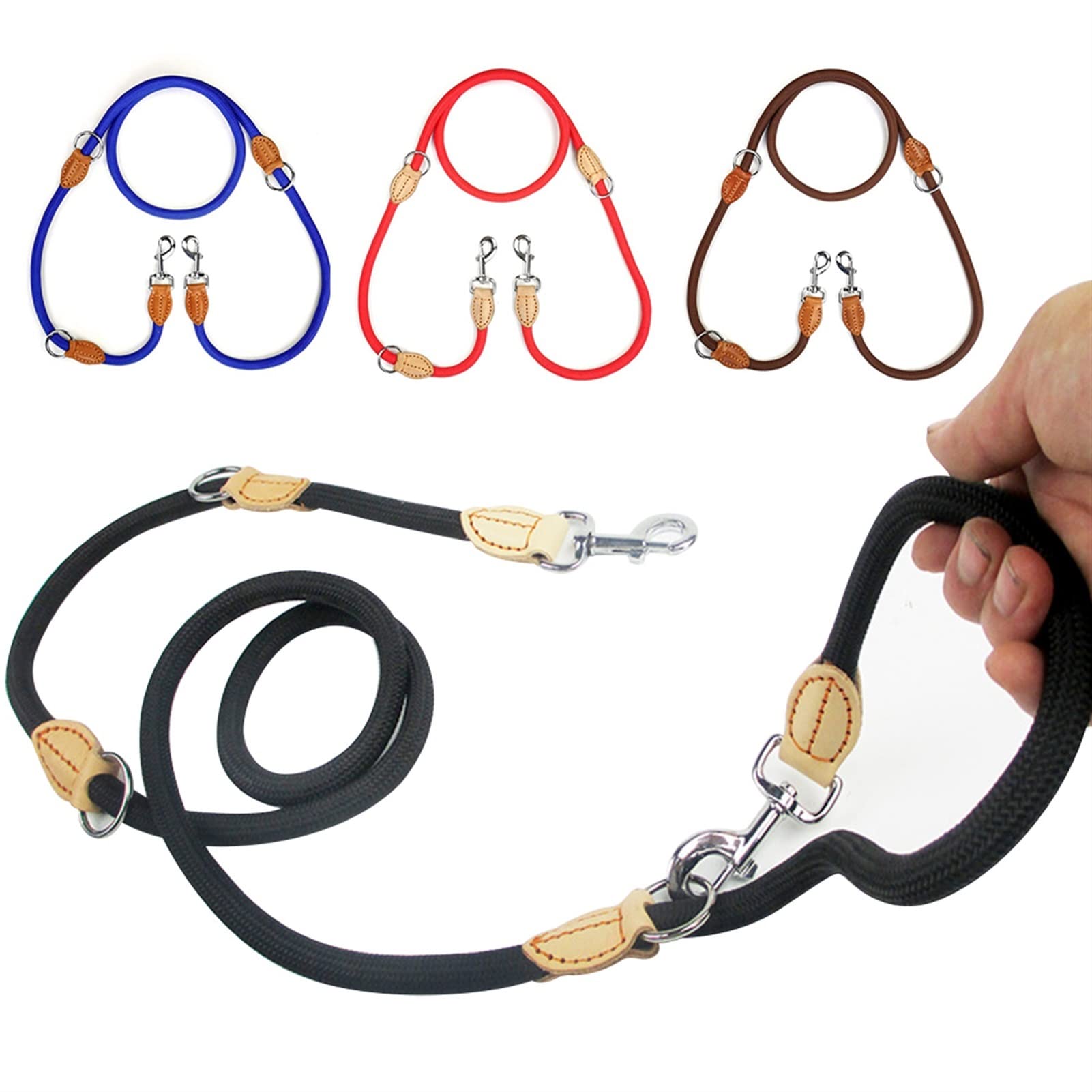 Multifunktions-Doppelleine Kettenhalsband Zwei Hundeleinen Nylon Verstellbare Lange Kurze Hundetrainingsleinen Hundezubehör (Color : Coffee, Size : L)