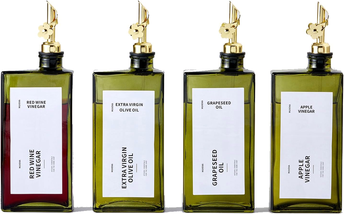 Olive Oil Dispenser Bottle for Kitchen, 16.9oz /500ml Cooking Vinegar Dispenser Bottle Set, Glass Sauce Container, Labels, Brush, Funnel, Stoppers, Green for Oil, Wine