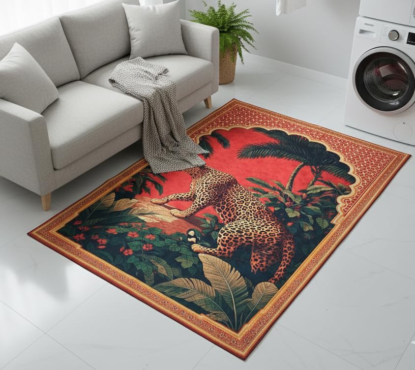 Image of Cotton Bolls Textiles Rugs for Living Room 5x7 Feet Large Size | Lightweight Foldable Carpet for Bedroom & Hall | Easy to Handle During Daily Cleaning | Travel Friendly Printed Rug | Leopard