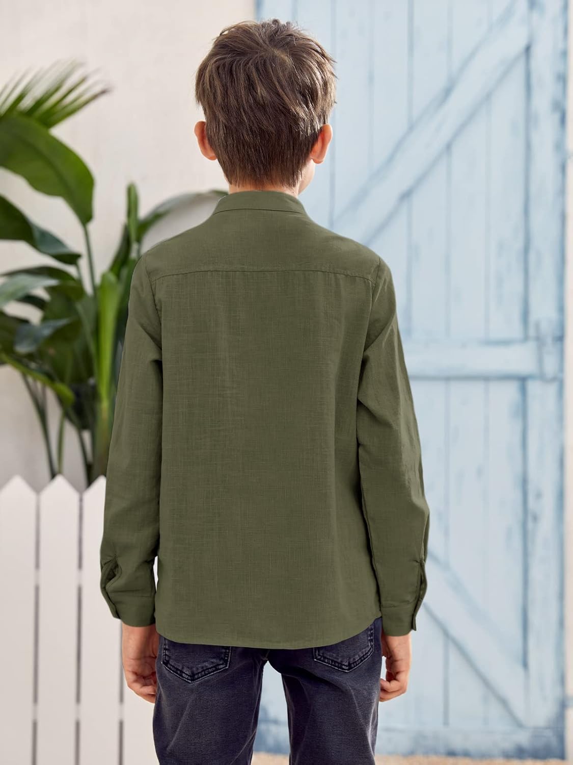 Inorin Boys Linen Shirt Button Up Henley Long Sleeve Dress Shirts Cotton Lightweight Tees Tops with One Pocket - Image 4