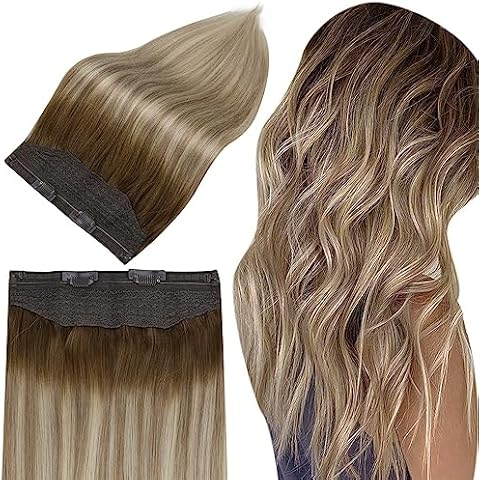 Full Shine Invisible Wire Hair Extensions Real Human Hair Balayage Ombre Wire Hair Extensions 3/8/22 Dark Root Secret Extensions Fishing Line Hair Extensions for Women 80 Grams 16 Inches Cover
