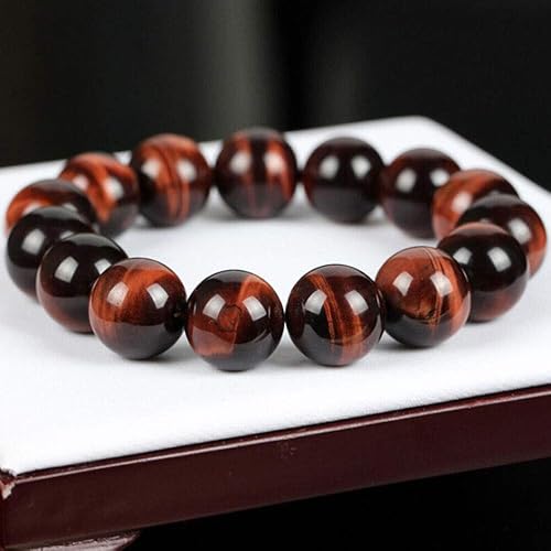 Vista 4 de Pulsera de cuentas redondas de piedra de ojo de tigre rojo natural, brazalete elástico (tamaño 0.551in)