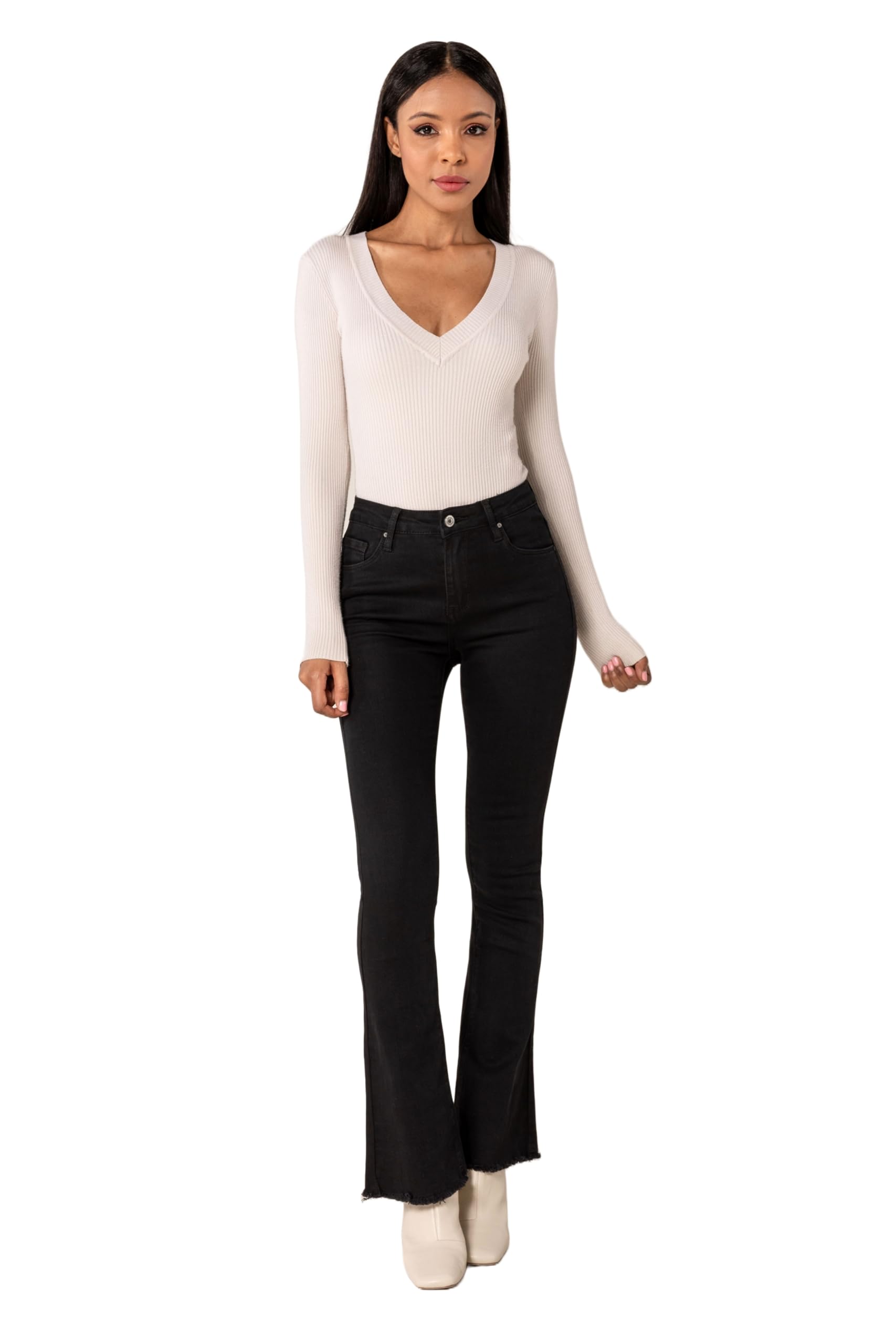 Nina Carter Jean bootcut pour femme, style rétro, taille moyenne, stretch, look usé, évasé