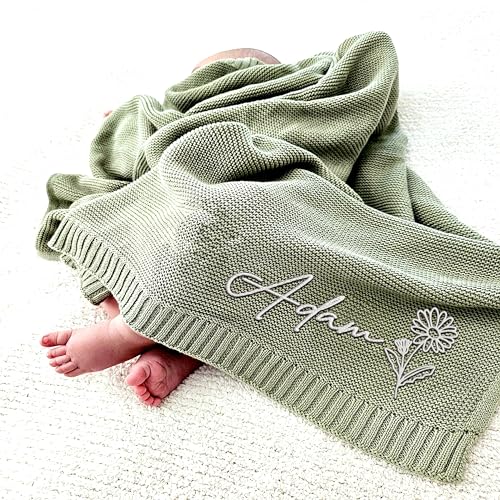 Image of LOVELYPOD Custom Knit Baby Blanket, Embroidered Name Nursery Blanket, Personalized Baby Blankets for Newborn Holiday Shower Gift(Birth Month)